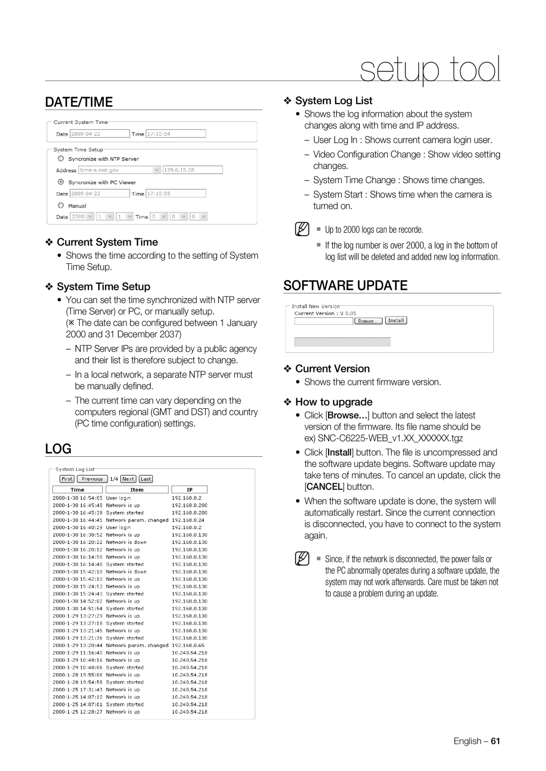 Samsung SNC-C6225, SNC-C7225 user manual Date/Time, Log, Software Update 