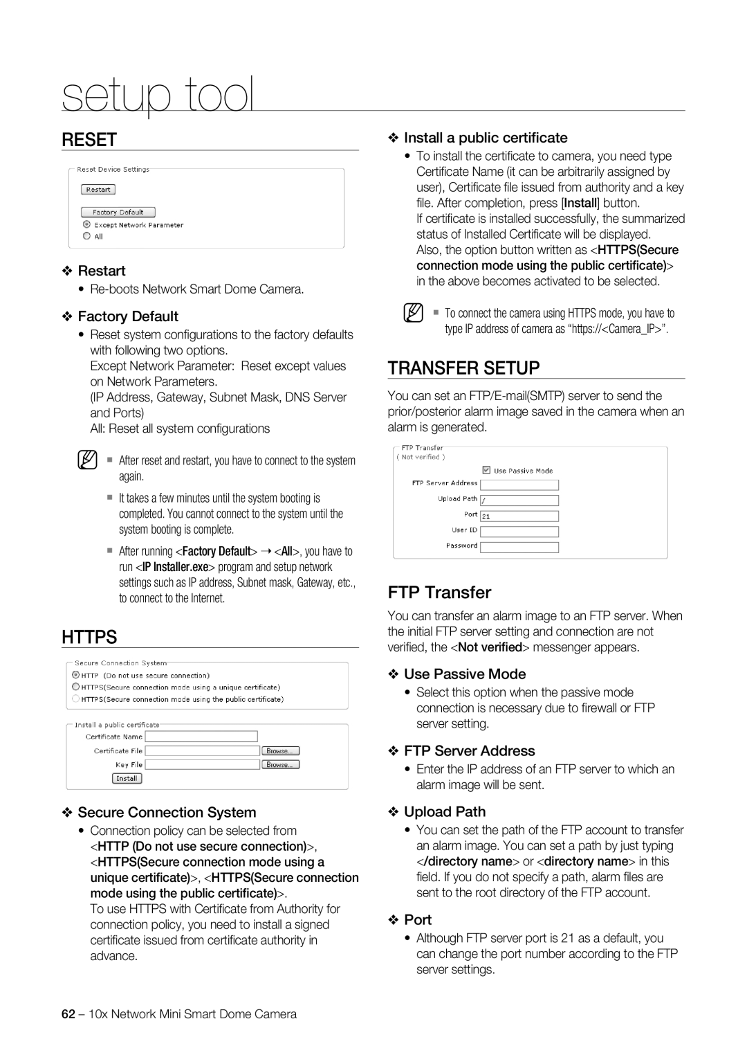 Samsung SNC-C7225, SNC-C6225 user manual Reset, Https, Transfer Setup 