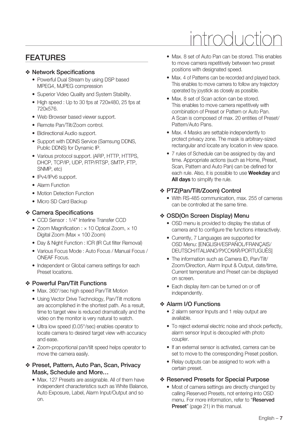 Samsung SNC-C6225, SNC-C7225 user manual Introduction, Features 