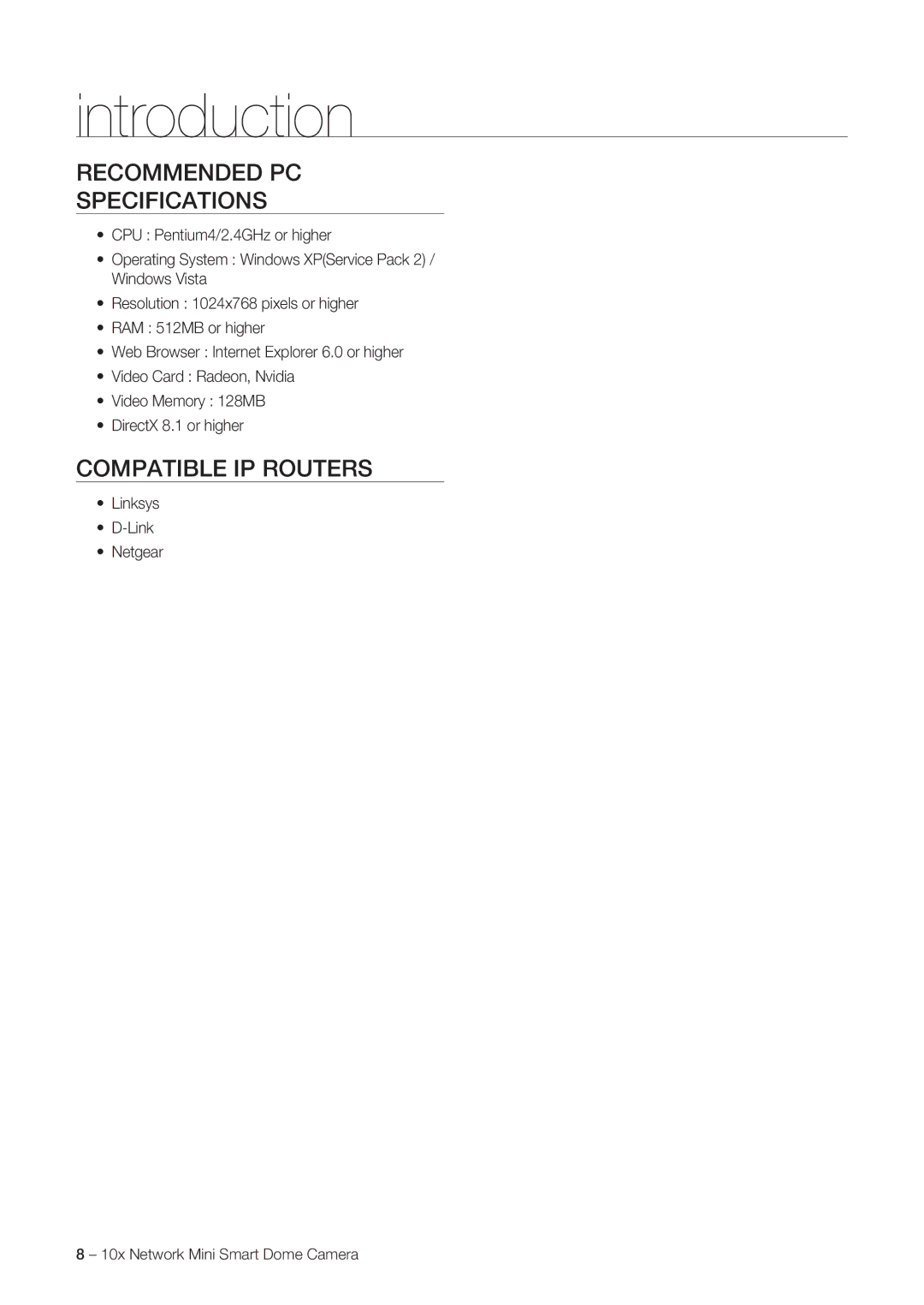 Samsung SNC-C7225, SNC-C6225 user manual Recommended PC Specifications, Compatible IP Routers, Linksys Netgear 