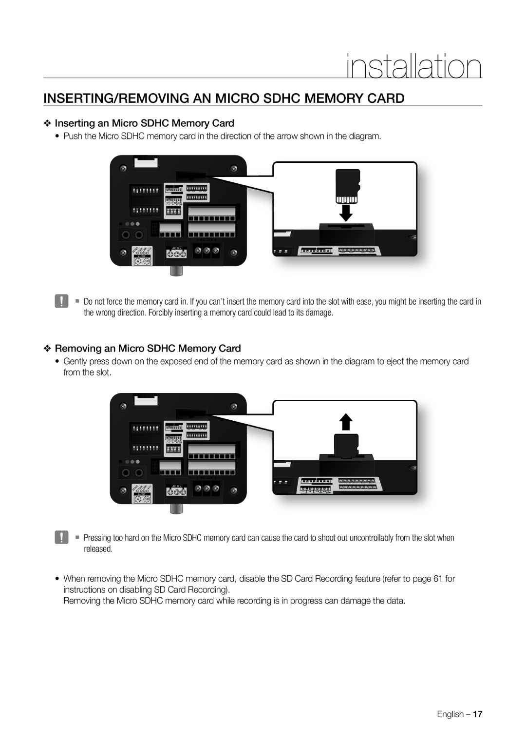 Samsung SNC-C7478 user manual INSERTING/REMOVING AN Micro Sdhc Memory Card, Inserting an Micro Sdhc Memory Card 