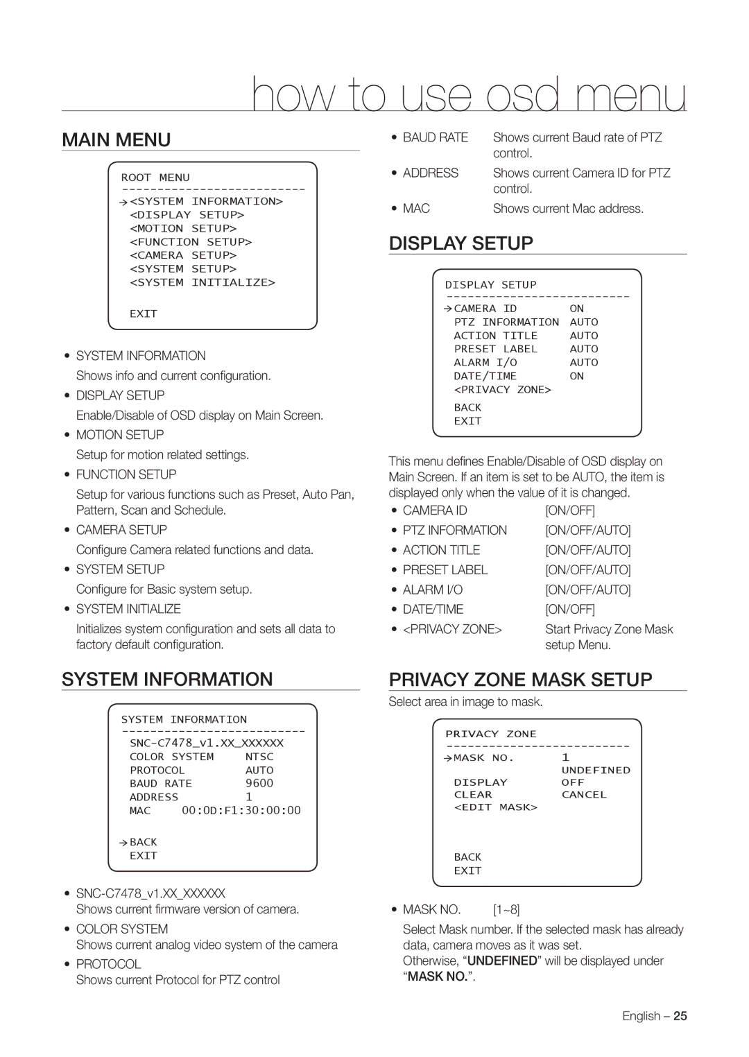 Samsung SNC-C7478 user manual Main Menu, Display Setup, System Information, Privacy Zone Mask Setup 