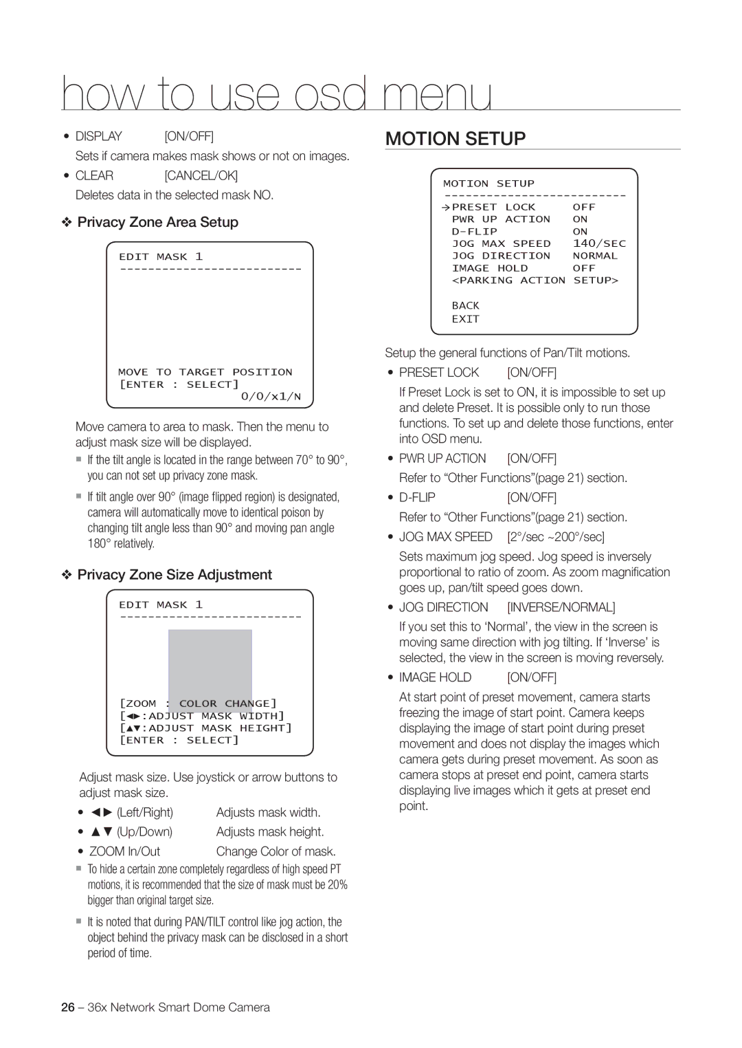 Samsung SNC-C7478 user manual Motion Setup, Privacy Zone Area Setup, Privacy Zone Size Adjustment 