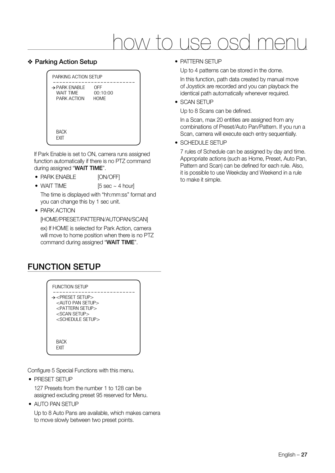 Samsung SNC-C7478 user manual Function Setup, Parking Action Setup 