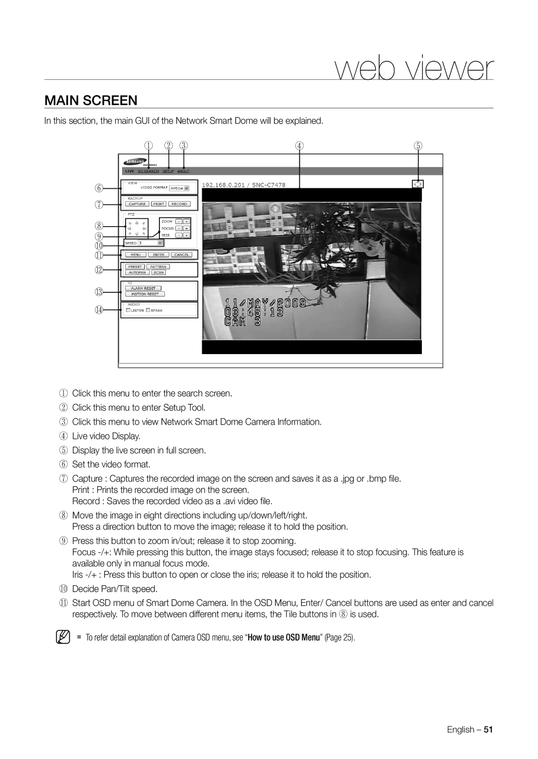 Samsung SNC-C7478 user manual Web viewer, Main Screen 