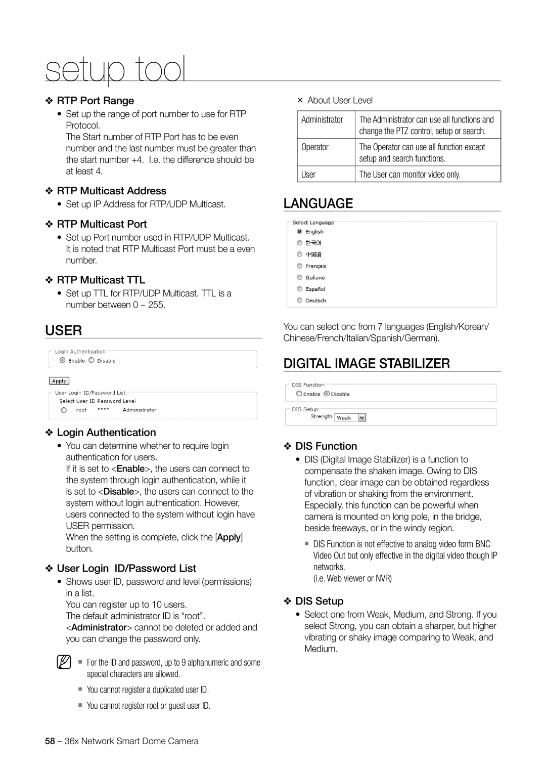 Samsung SNC-C7478 user manual User, Language, Digital Image Stabilizer 