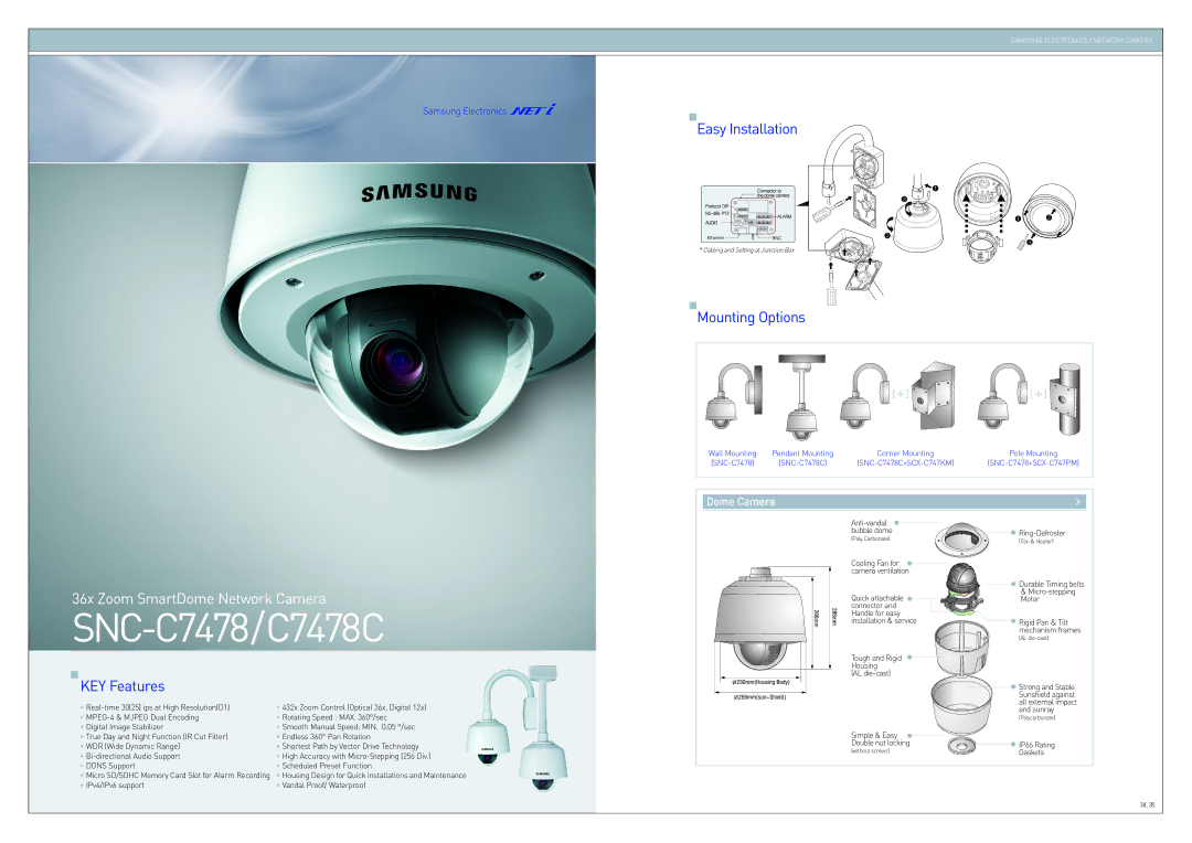 Samsung SNC-C7478C manual Easy Installation, Mounting Options, KEY Features 