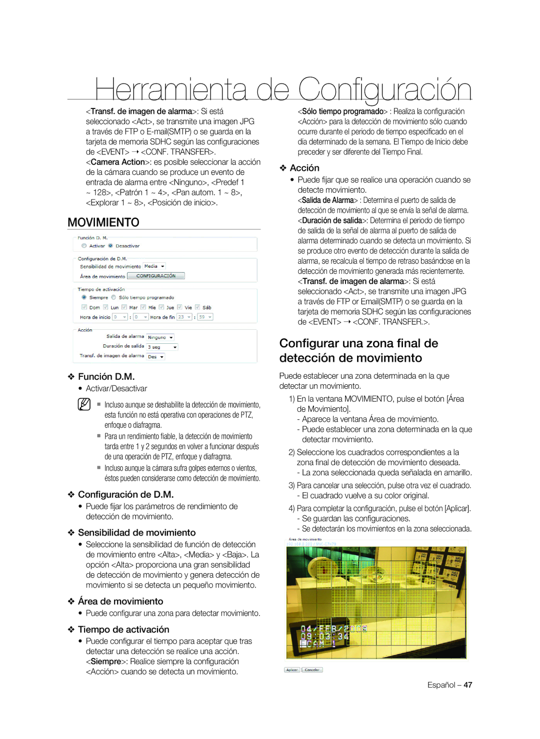 Samsung SNC-C7478P manual Movimiento, Configurar una zona final de detección de movimiento 