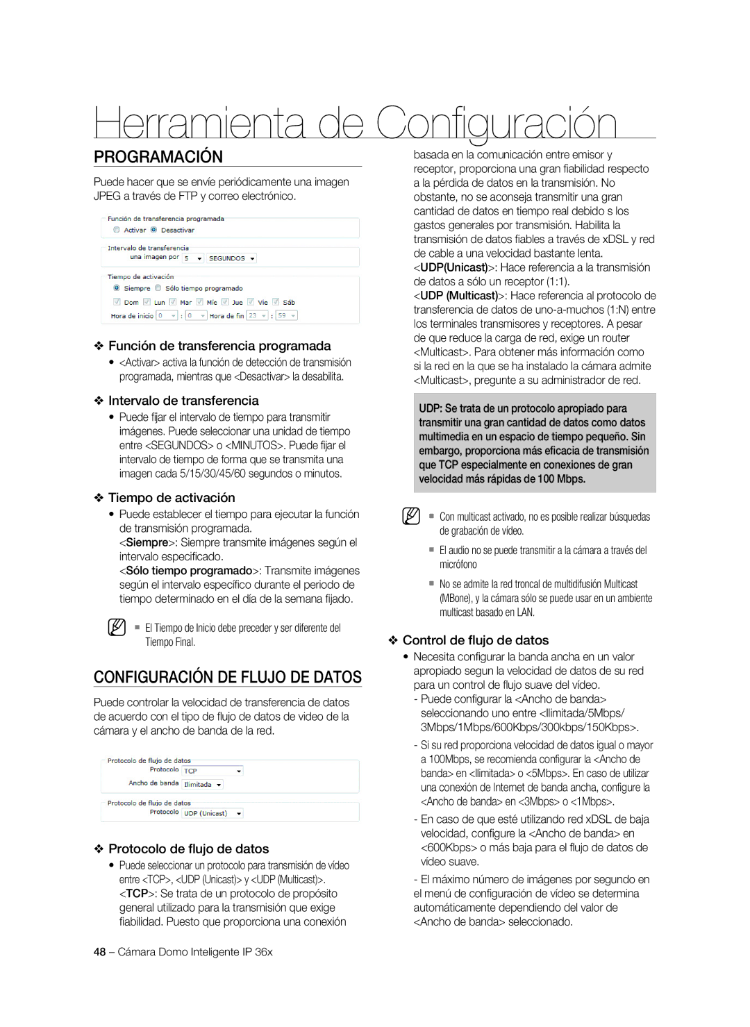 Samsung SNC-C7478P manual Función de transferencia programada, Intervalo de transferencia, Protocolo de flujo de datos 