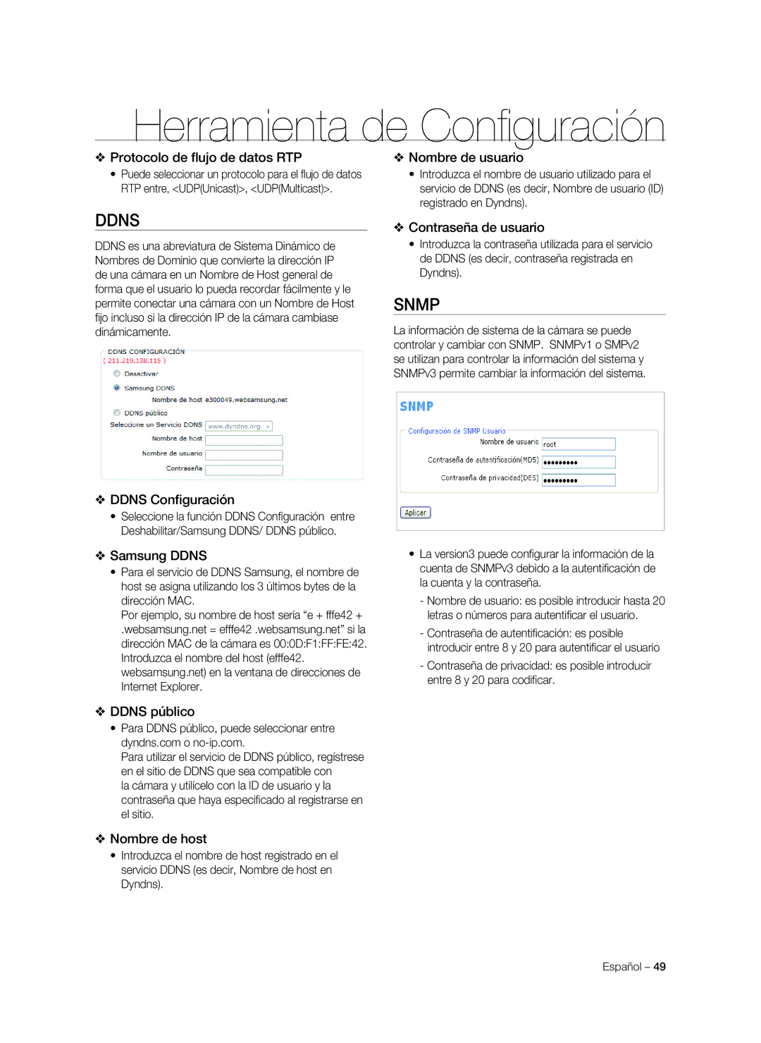 Samsung SNC-C7478P manual Ddns Configuración, Contraseña de usuario, Ddns público, Nombre de host 