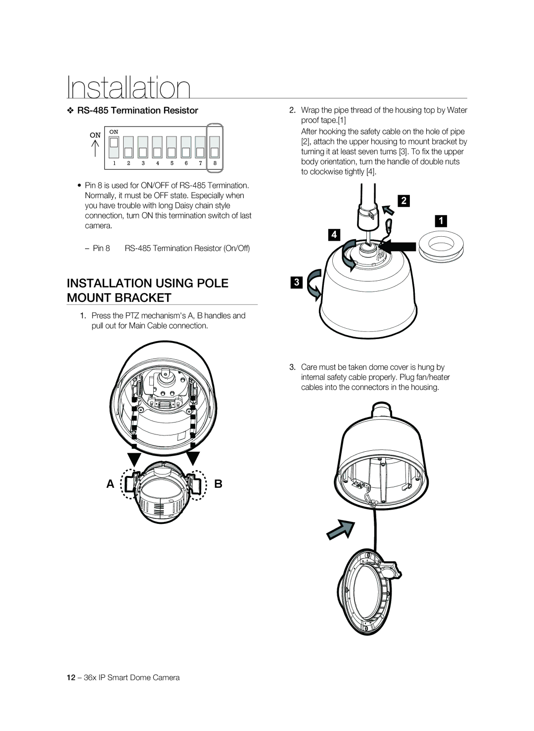 Samsung SNC-C7478P manual Installation Using pole, Mount Bracket, RS-485 Termination Resistor 