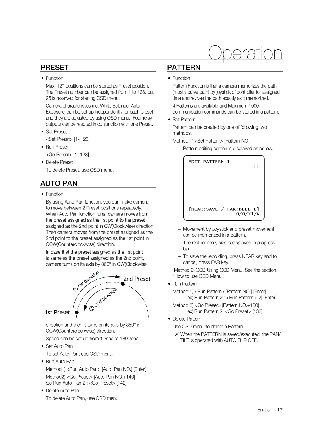 Samsung SNC-C7478P manual Preset, Pattern, Delete Auto Pan To delete Auto Pan, use OSD menu 