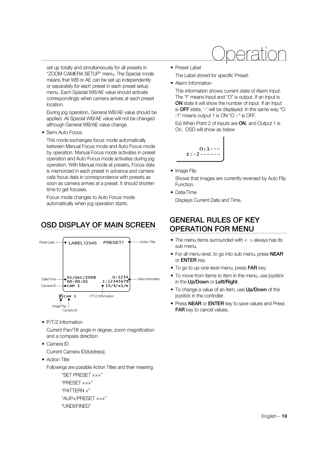 Samsung SNC-C7478P manual OSD Display of Main Screen, General Rules of Key Operation for Menu, Semi Auto Focus, Undefined 