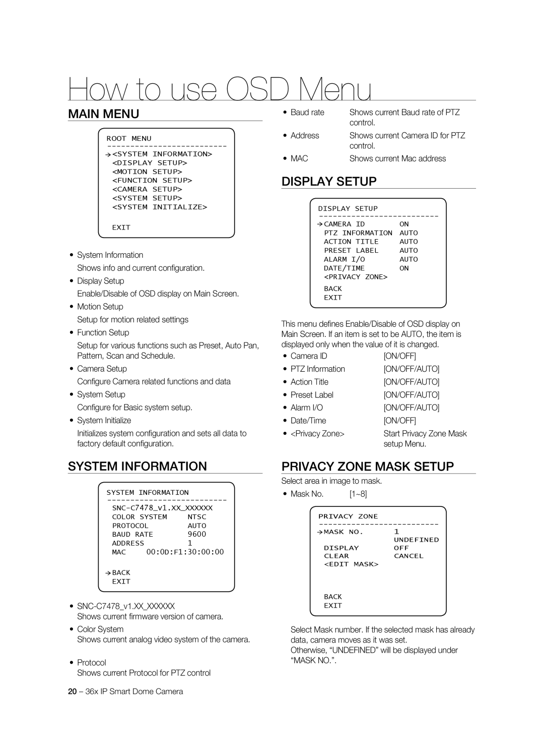 Samsung SNC-C7478P manual How to use OSD Menu, Main Menu, System Information, Display Setup, Privacy Zone Mask Setup 