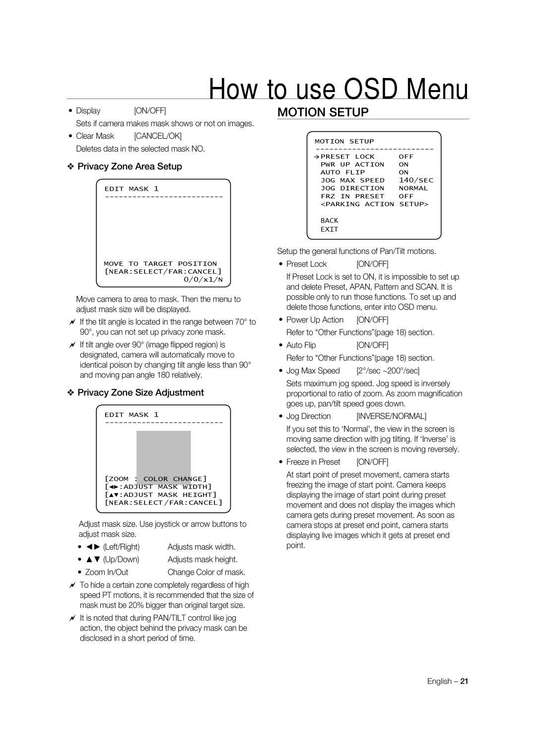 Samsung SNC-C7478P manual Motion Setup, Privacy Zone Area Setup, Privacy Zone Size Adjustment 