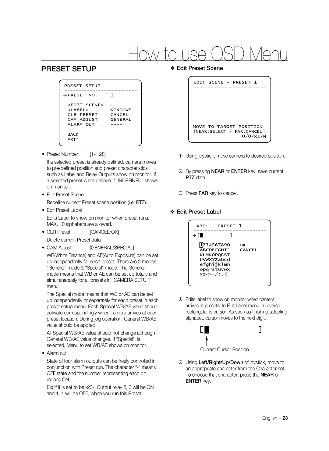 Samsung SNC-C7478P manual Preset Setup, Edit Preset Scene, Edit Preset Label, Cancel/Ok 