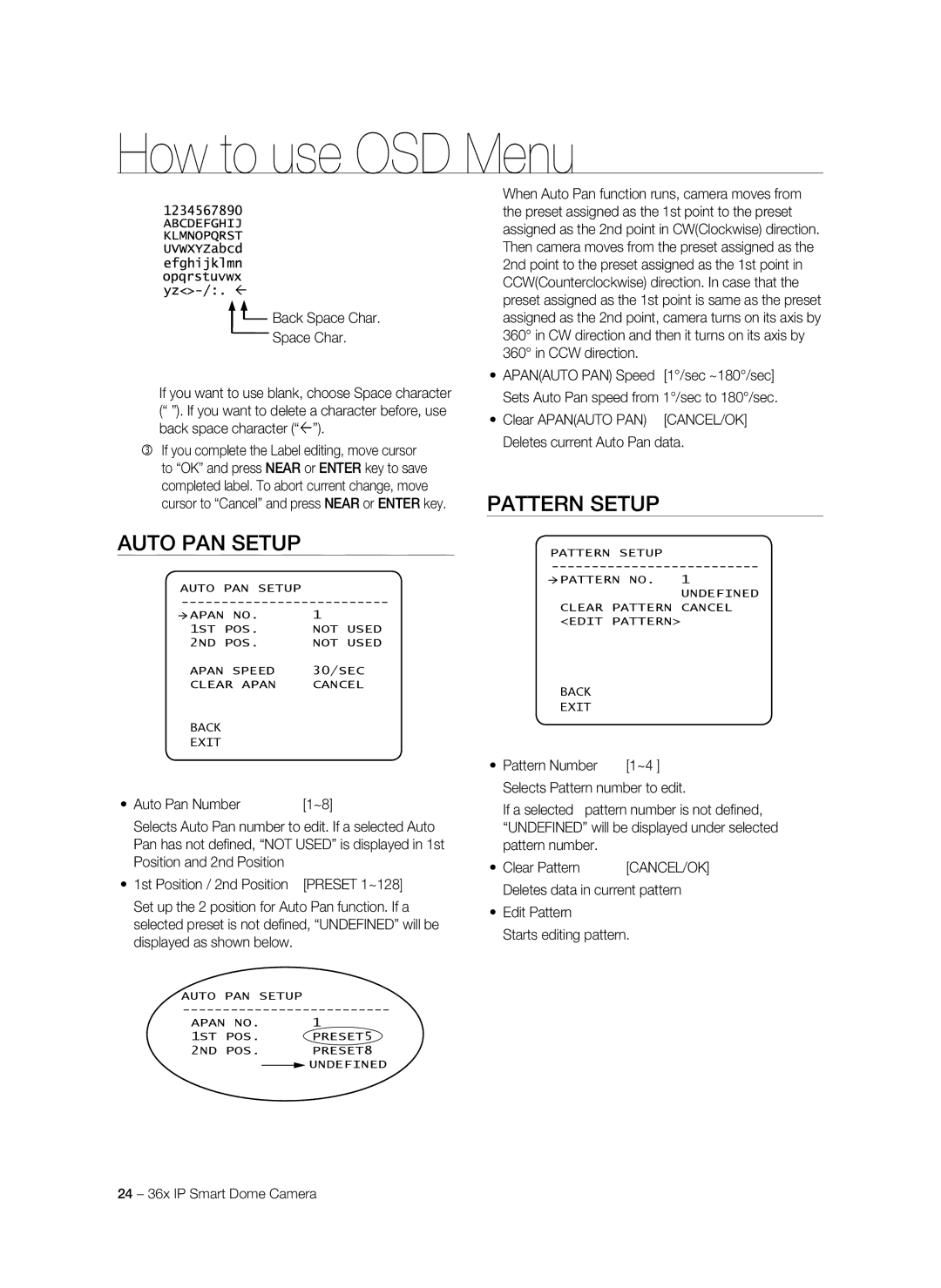 Samsung SNC-C7478P manual Auto Pan Setup, Pattern Setup, Back Space Char 