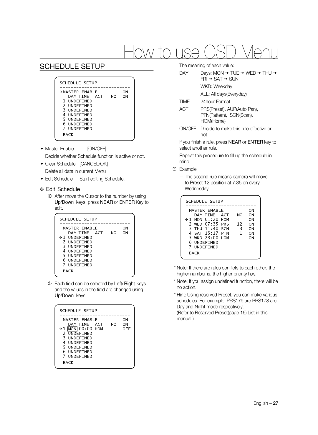 Samsung SNC-C7478P manual Schedule Setup, Edit Schedule 