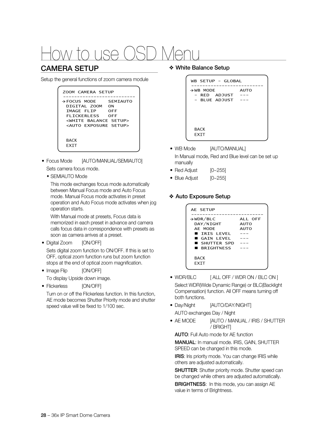 Samsung SNC-C7478P manual Camera Setup, White Balance Setup, Auto Exposure Setup 