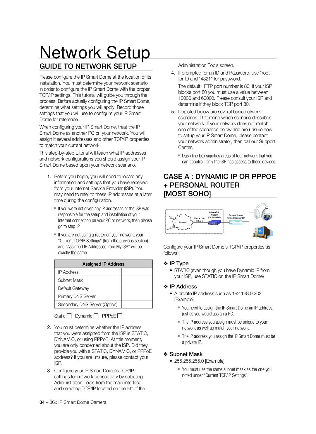 Samsung SNC-C7478P Guide to Network Setup, Case a Dynamic IP or PPPoE + Personal Router Most Soho, IP Type, IP Address 