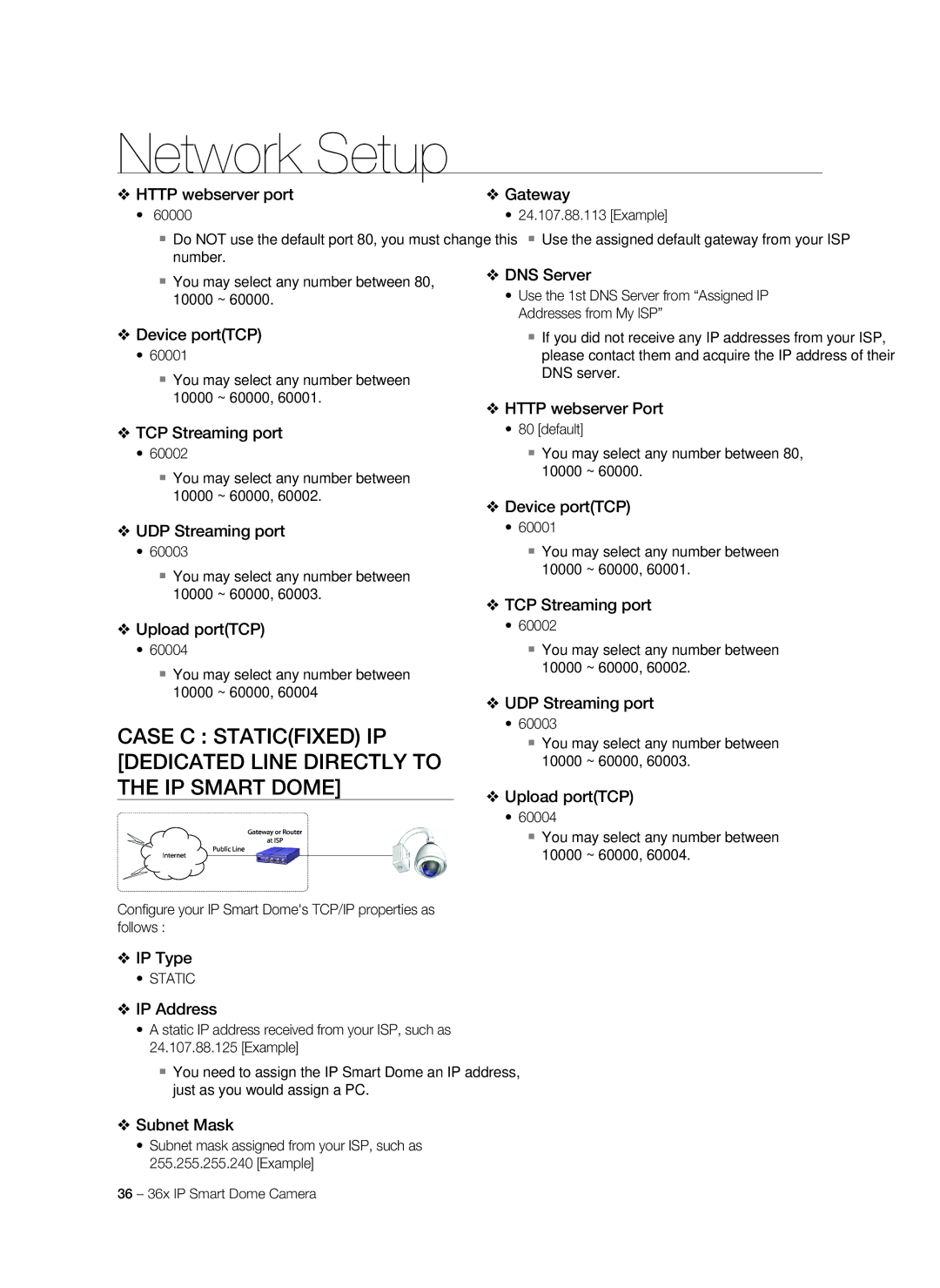 Samsung SNC-C7478P manual Device portTCP, Example  Use the assigned default gateway from your ISP 