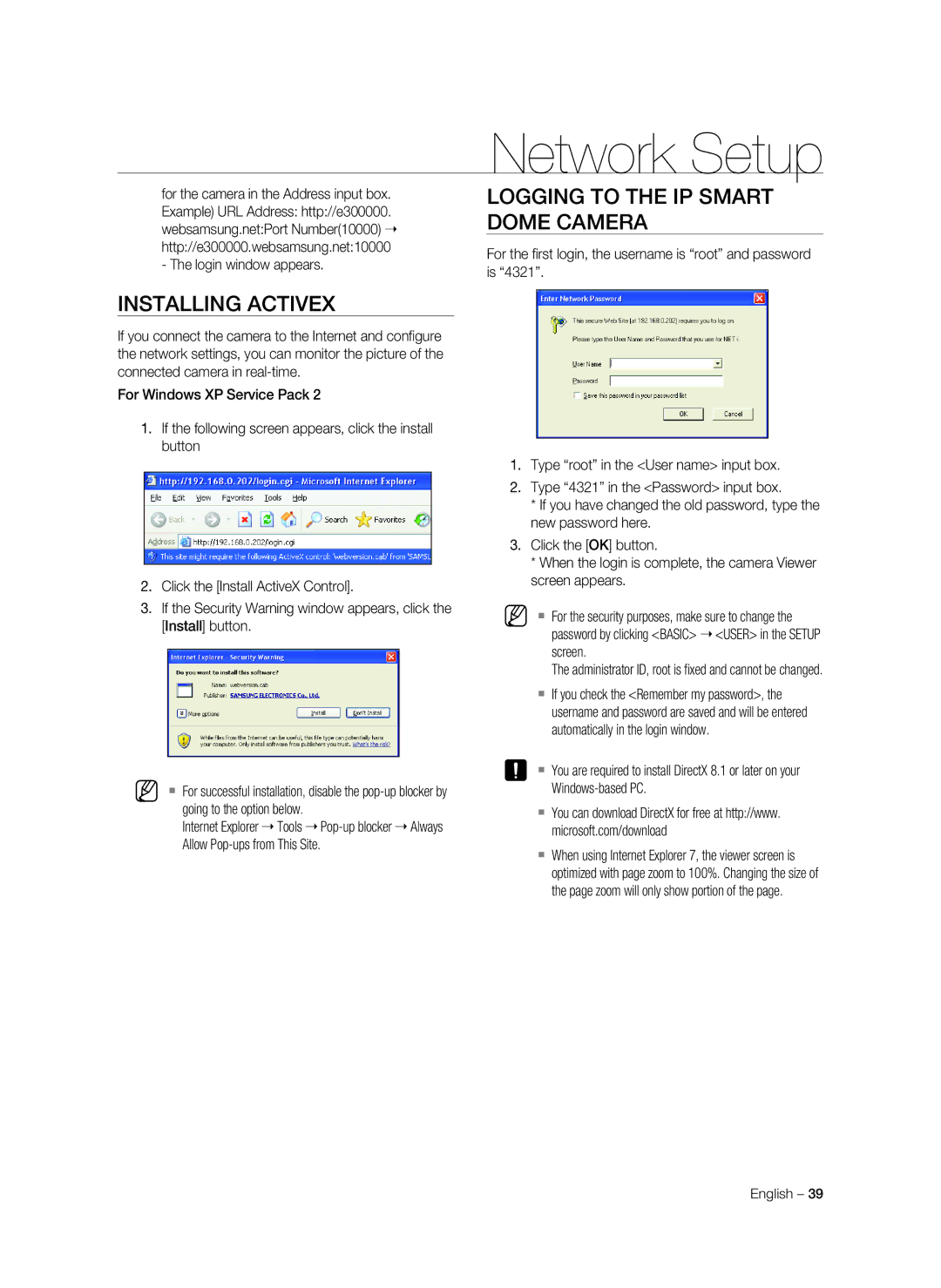 Samsung SNC-C7478P manual Installing ActiveX, Logging to the IP Smart Dome Camera 