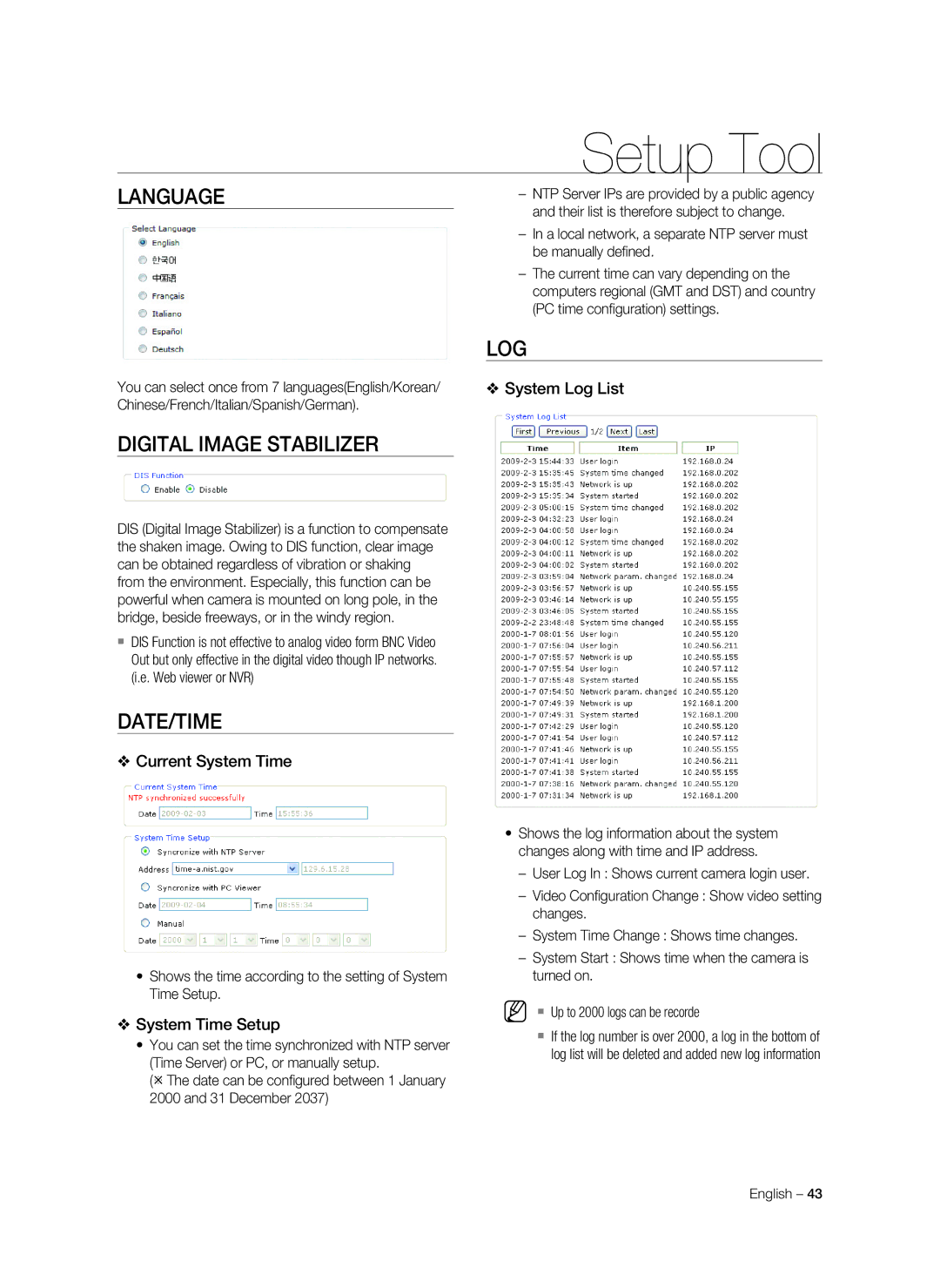 Samsung SNC-C7478P manual Language, Digital Image Stabilizer, Date/Time, Log 