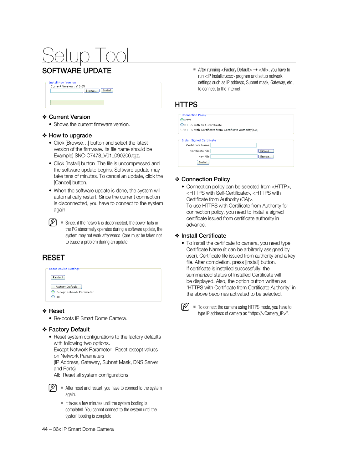 Samsung SNC-C7478P manual Software Update, Reset, Https 