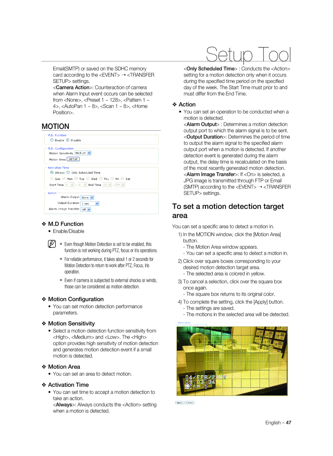 Samsung SNC-C7478P manual Motion, To set a motion detection target area 