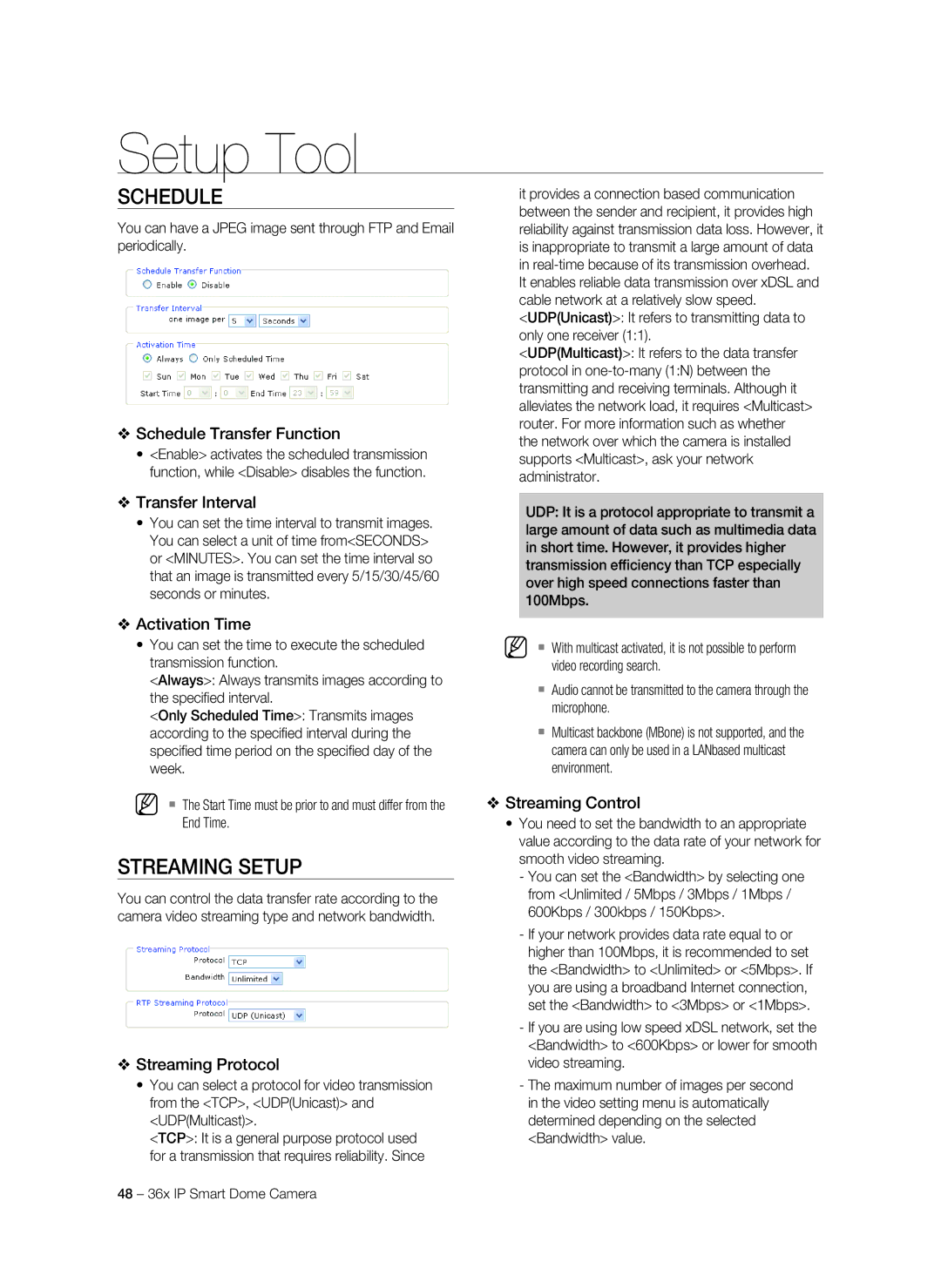 Samsung SNC-C7478P manual Schedule, Streaming Setup 