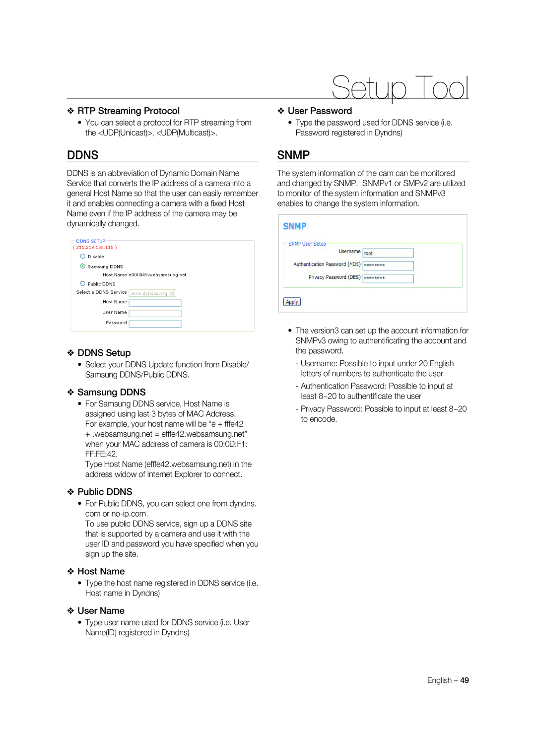 Samsung SNC-C7478P manual Ddns, Snmp 