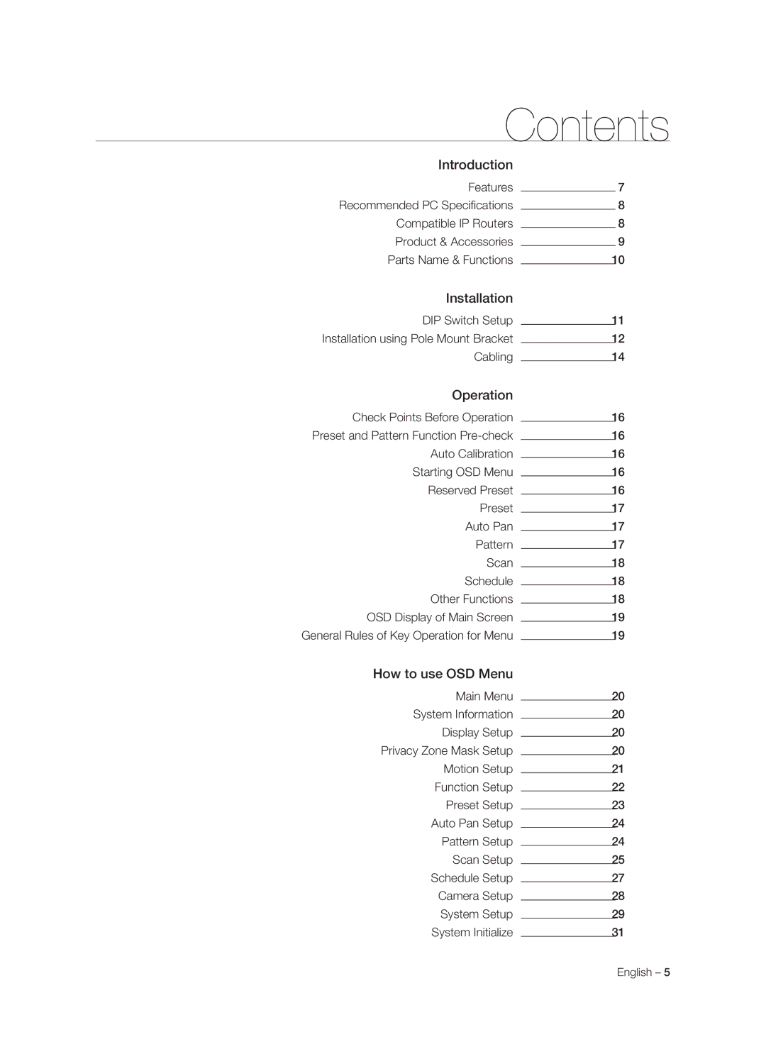 Samsung SNC-C7478P manual Contents 