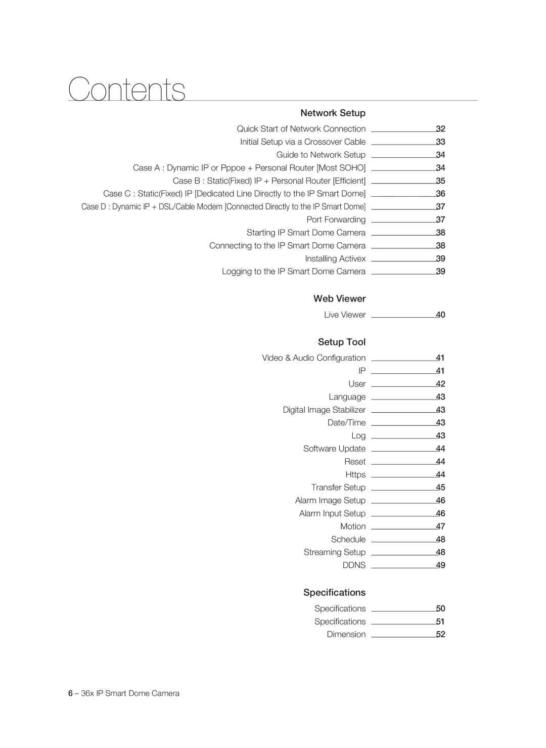 Samsung SNC-C7478P manual Network Setup, Web Viewer, Setup Tool, Specifications, Ddns 