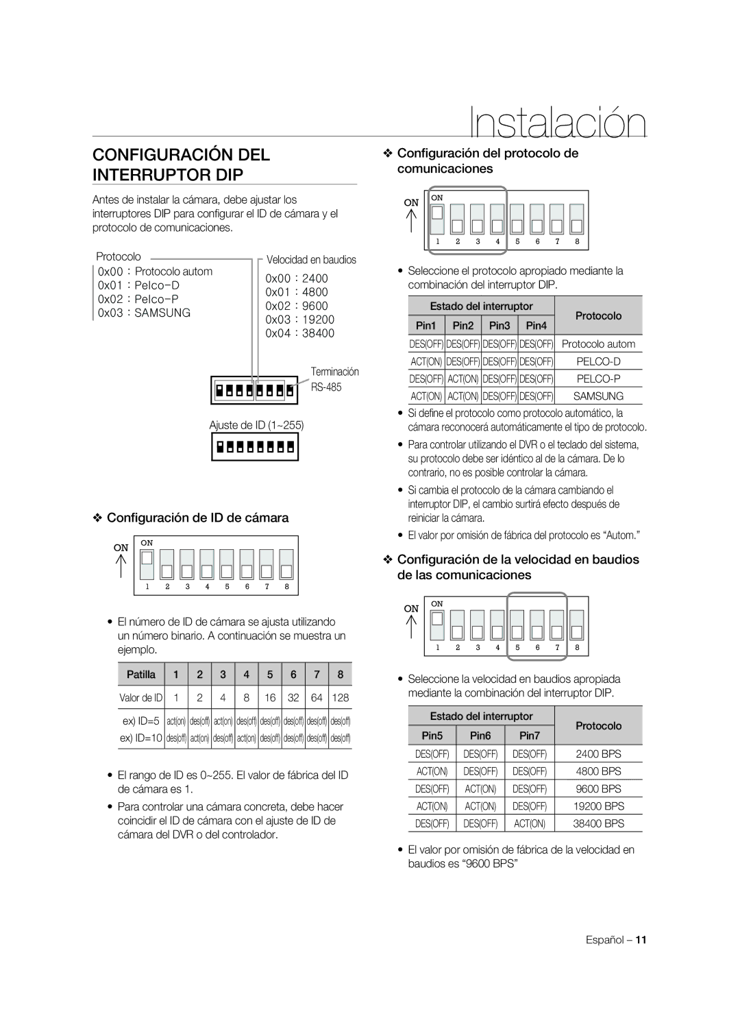 Samsung SNC-C7478P manual Instalación, Configuración del interruptor DIP, Configuración de ID de cámara 