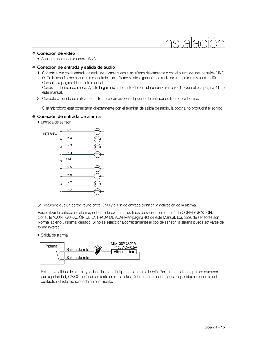 Samsung SNC-C7478P manual Conexión de video, Conexión de entrada y salida de audio, Conexión de entrada de alarma 