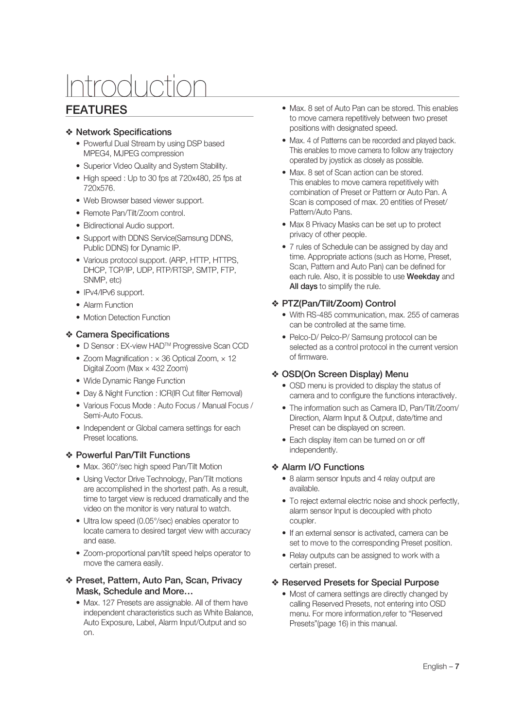 Samsung SNC-C7478P manual Introduction, Features 