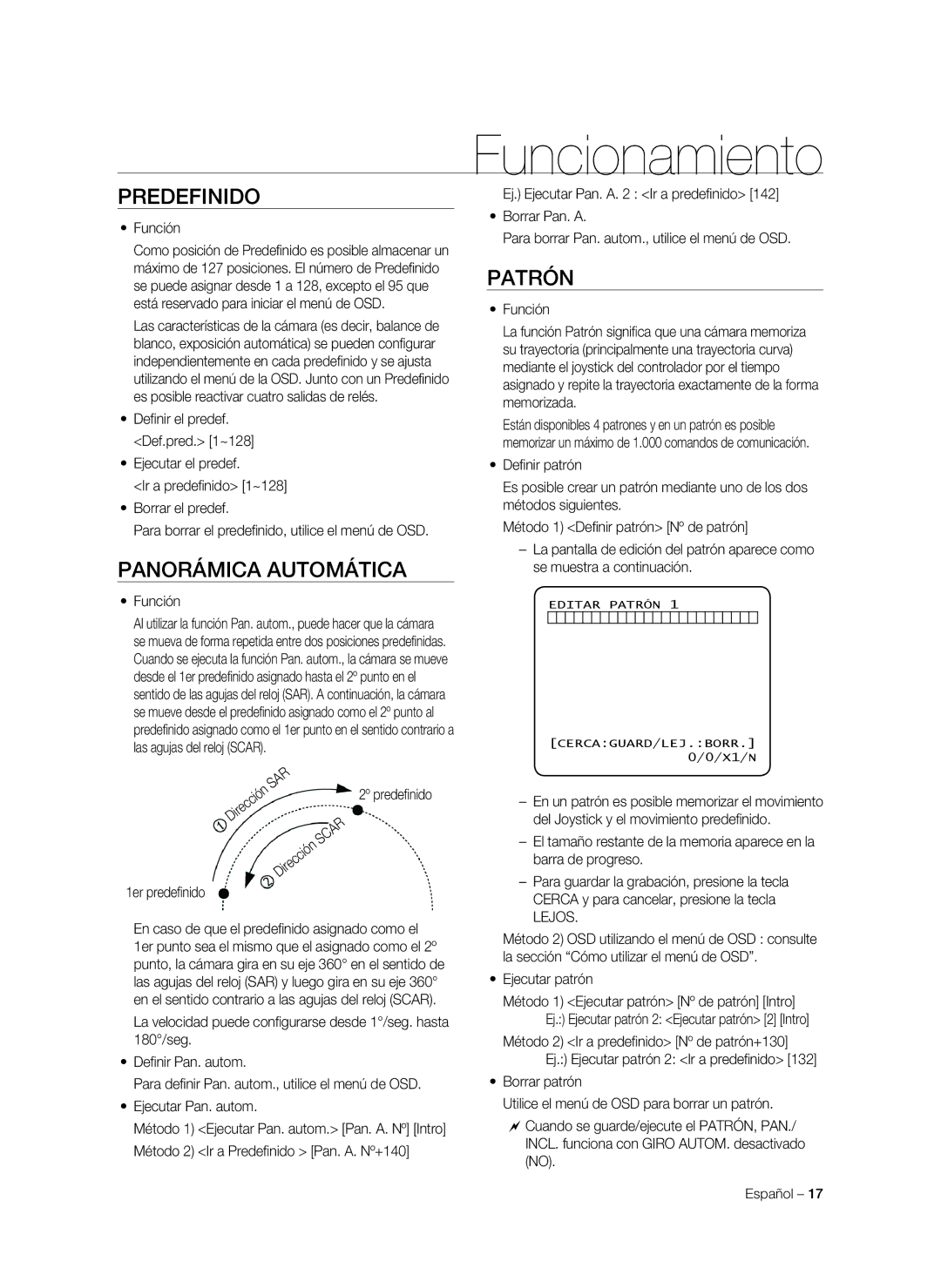 Samsung SNC-C7478P manual Predefinido, Panorámica automática, Patrón, Lejos 