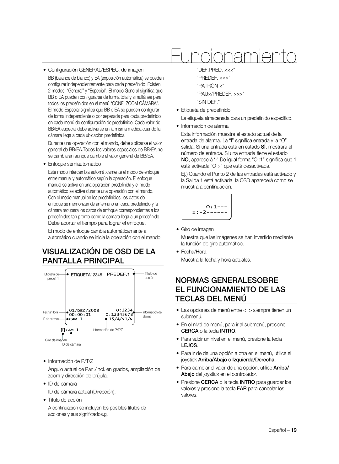 Samsung SNC-C7478P manual Visualización de OSD de la pantalla principal, Configuración GENERAL/ESPEC. de imagen, Sin Def 