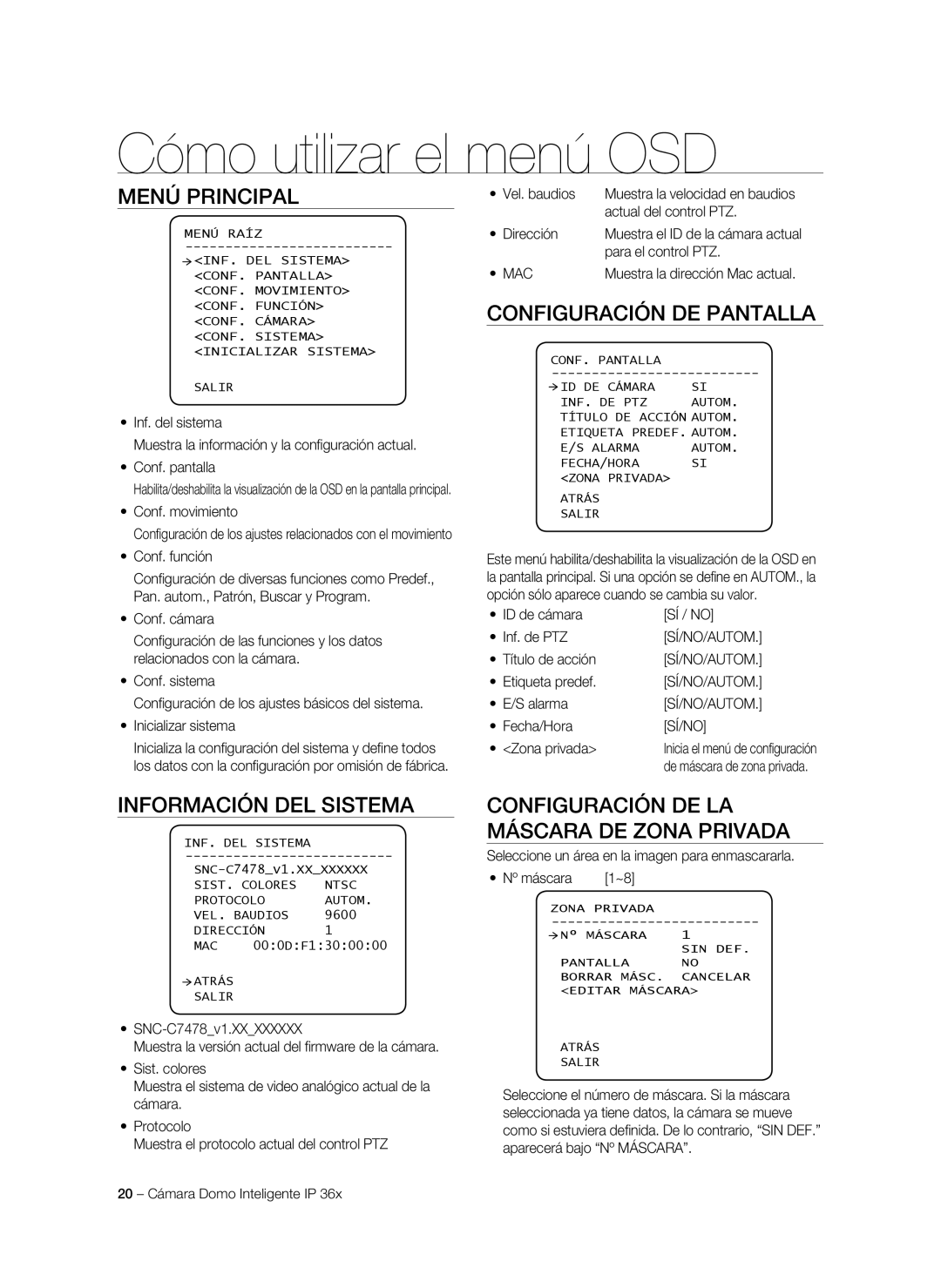 Samsung SNC-C7478P manual Cómo utilizar el menú OSD, Máscara DE Zona Privada 