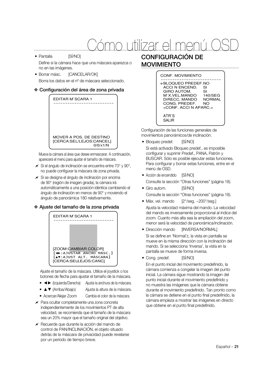 Samsung SNC-C7478P manual Configuración de movimiento, Configuración del área de zona privada 