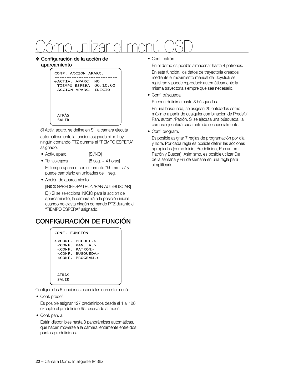 Samsung SNC-C7478P manual Configuración de Función, Configuración de la acción de aparcamiento 