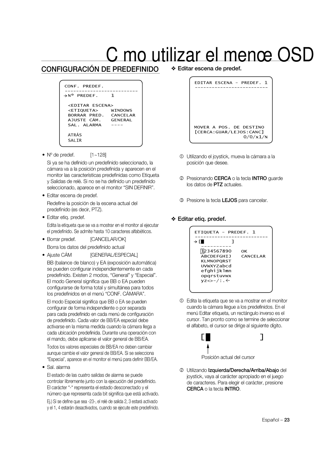 Samsung SNC-C7478P manual Configuración de Predefinido Editar escena de predef, Editar etiq. predef, Cancelar/Ok 