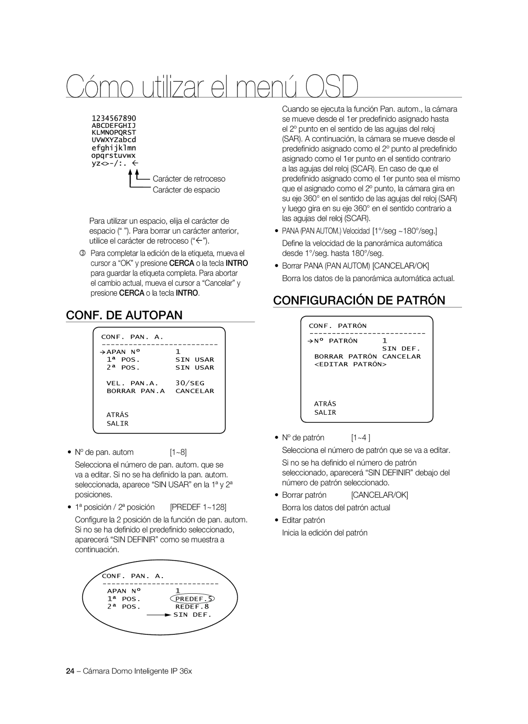 Samsung SNC-C7478P manual Conf. de Autopan, Configuración de patrón, Carácter de retroceso Carácter de espacio 