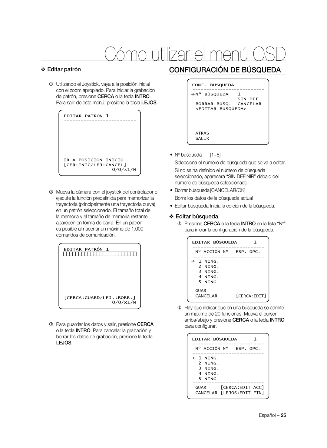 Samsung SNC-C7478P manual Configuración de búsqueda, Editar patrón, Editar búsqueda 