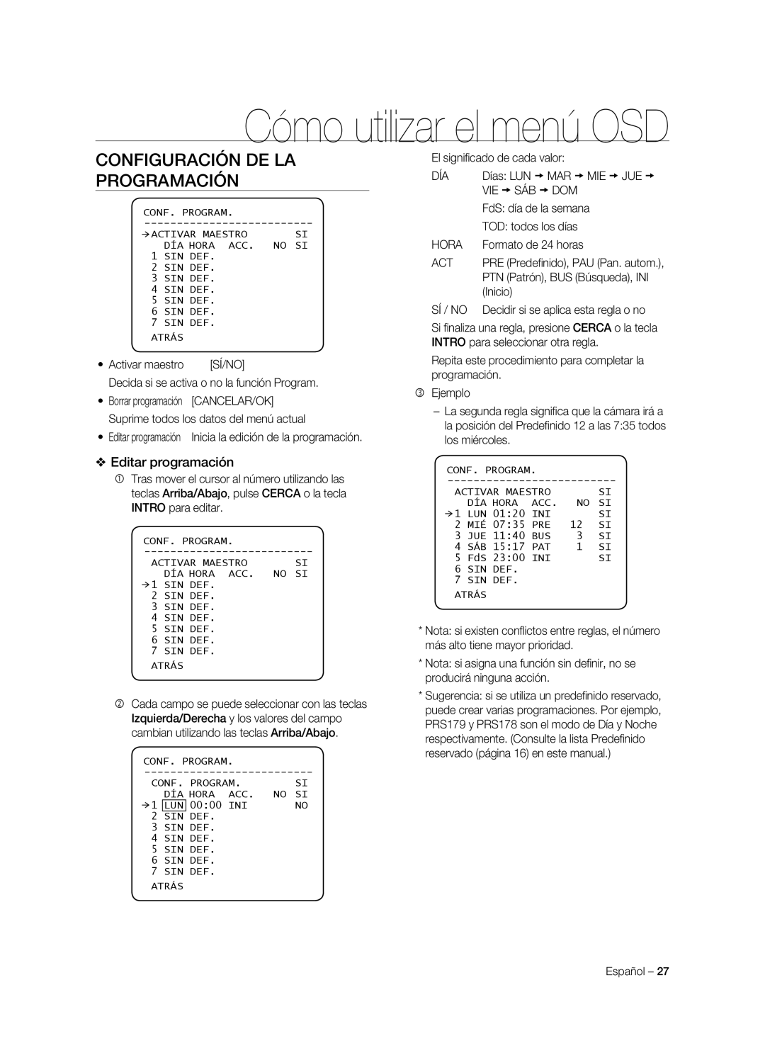 Samsung SNC-C7478P manual Programación, Editar programación 