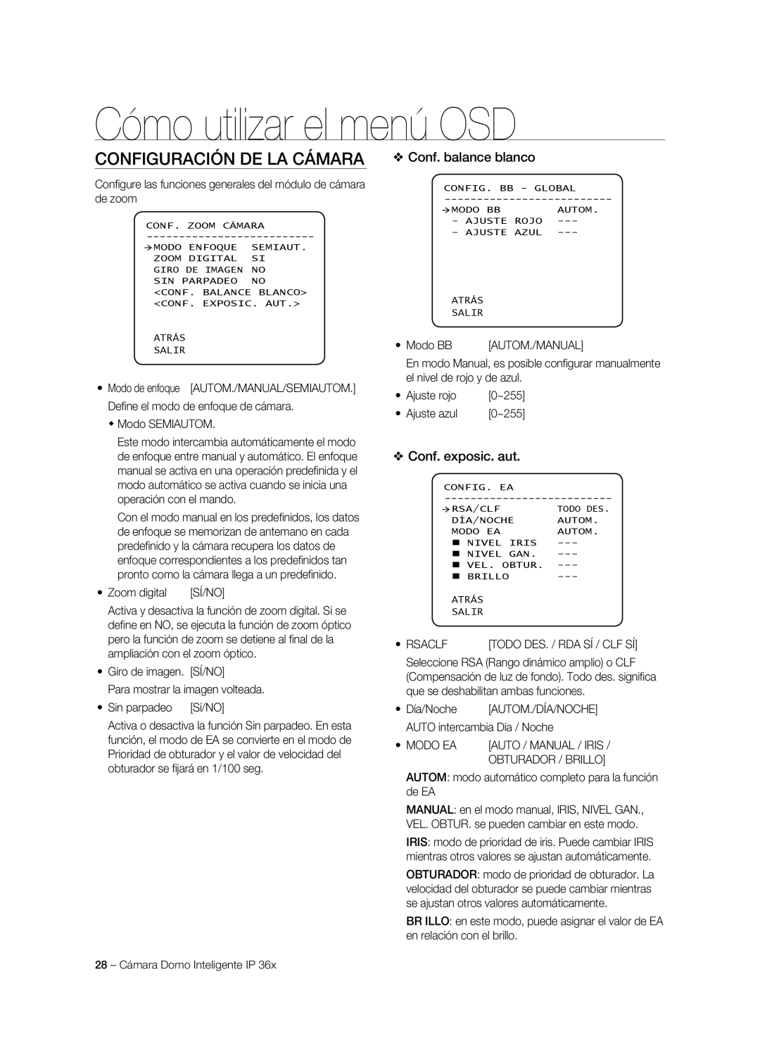 Samsung SNC-C7478P manual Configuración de la Cámara, Conf. balance blanco, Conf. exposic. aut 