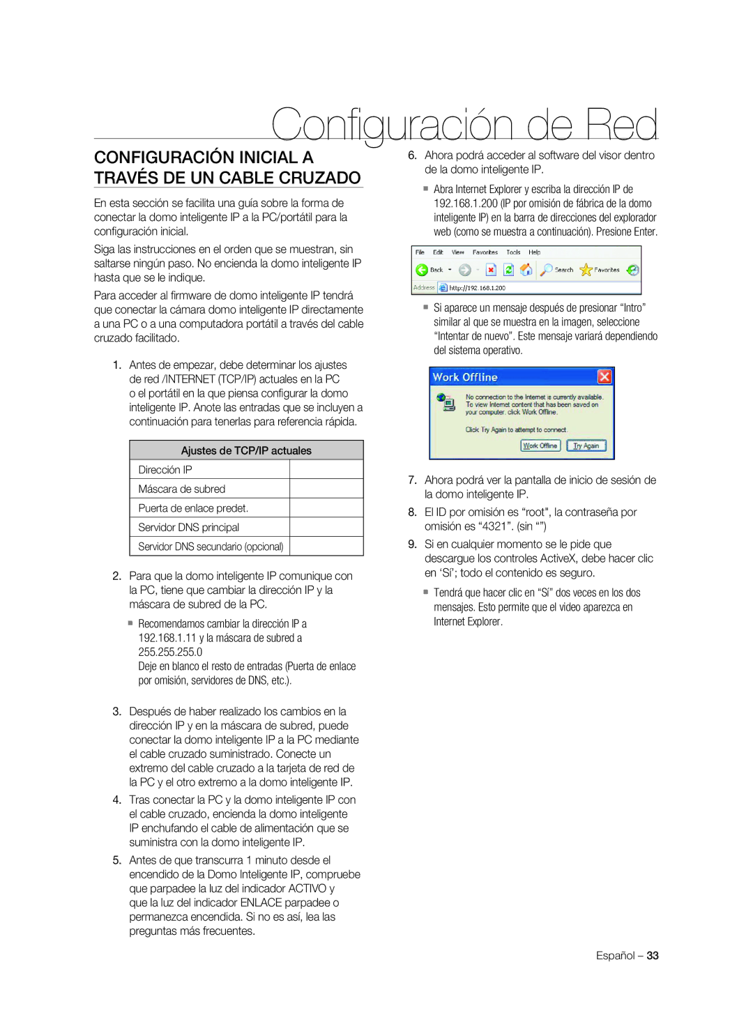 Samsung SNC-C7478P manual Configuración de Red, Configuración inicial a través de un cable cruzado 