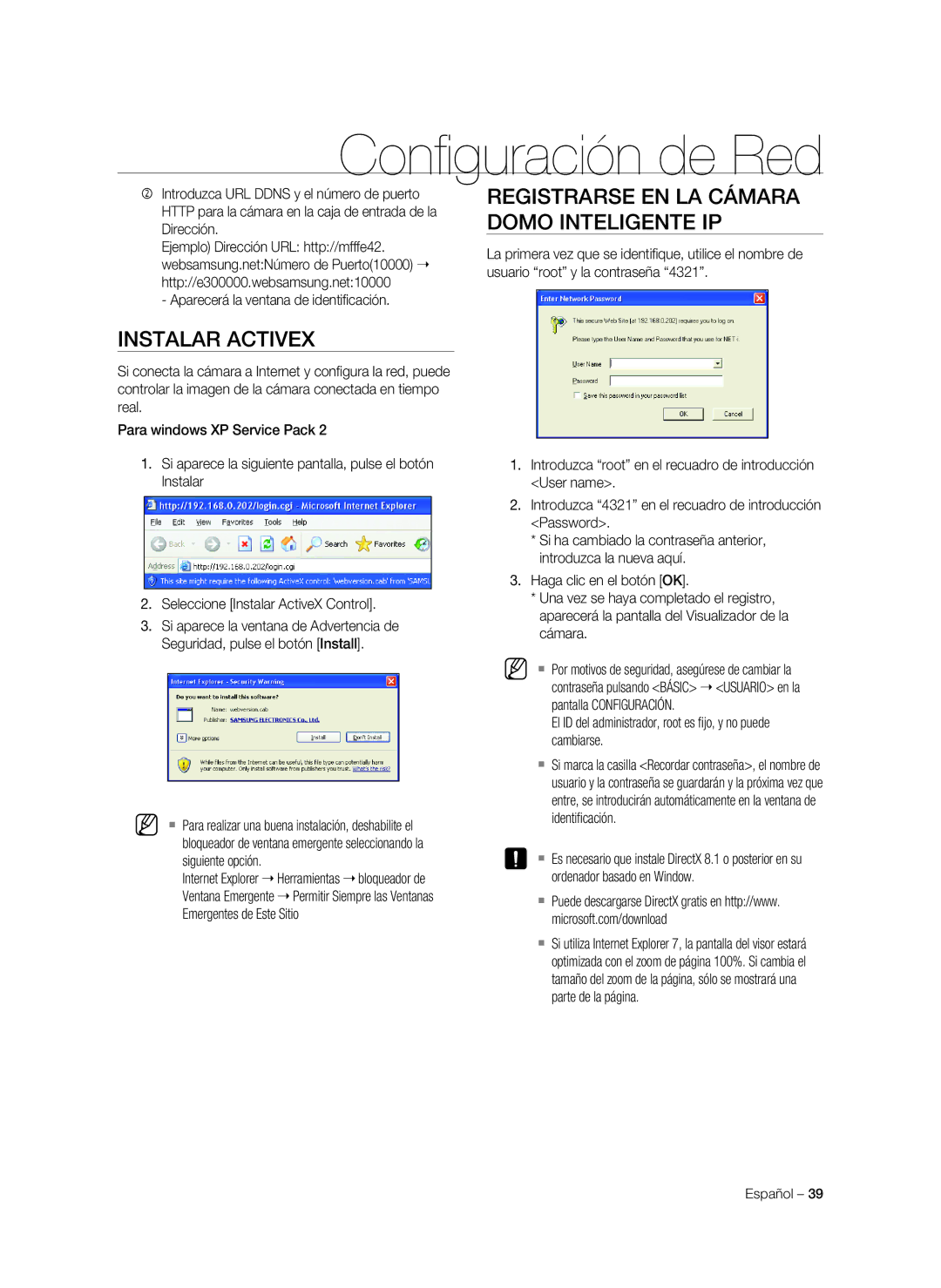 Samsung SNC-C7478P manual INSTAlAR Activex, Registrarse en la cámara Domo Inteligente IP 