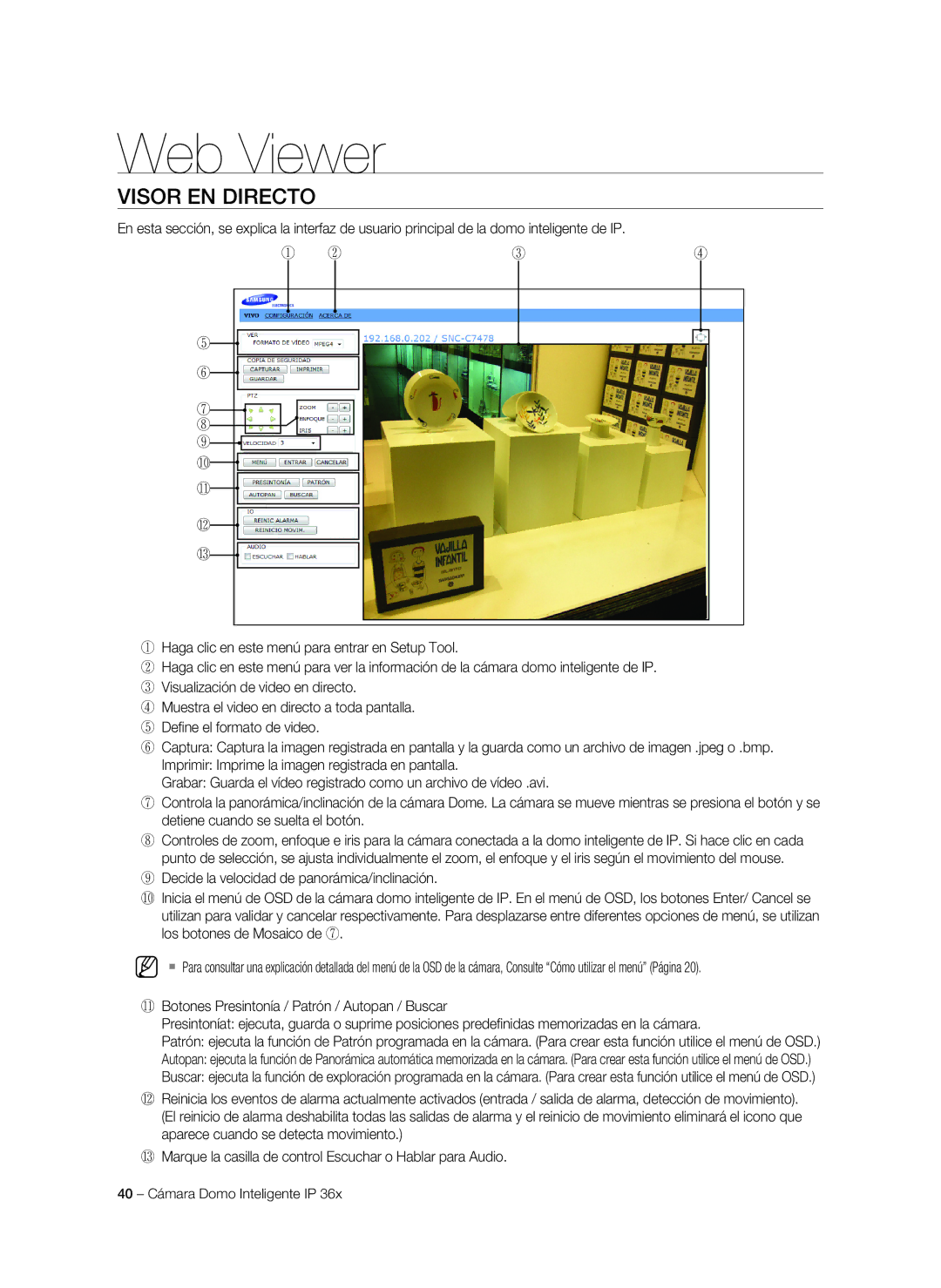 Samsung SNC-C7478P manual Web Viewer, Visor en directo 