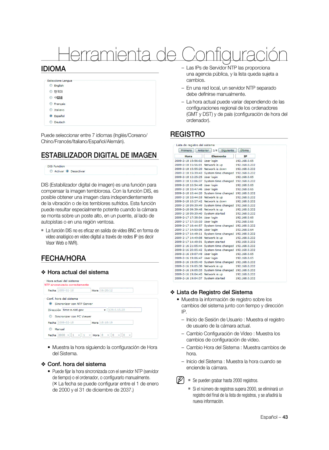 Samsung SNC-C7478P manual Idioma, Estabilizador Digital DE Imagen, Fecha/Hora, Registro 